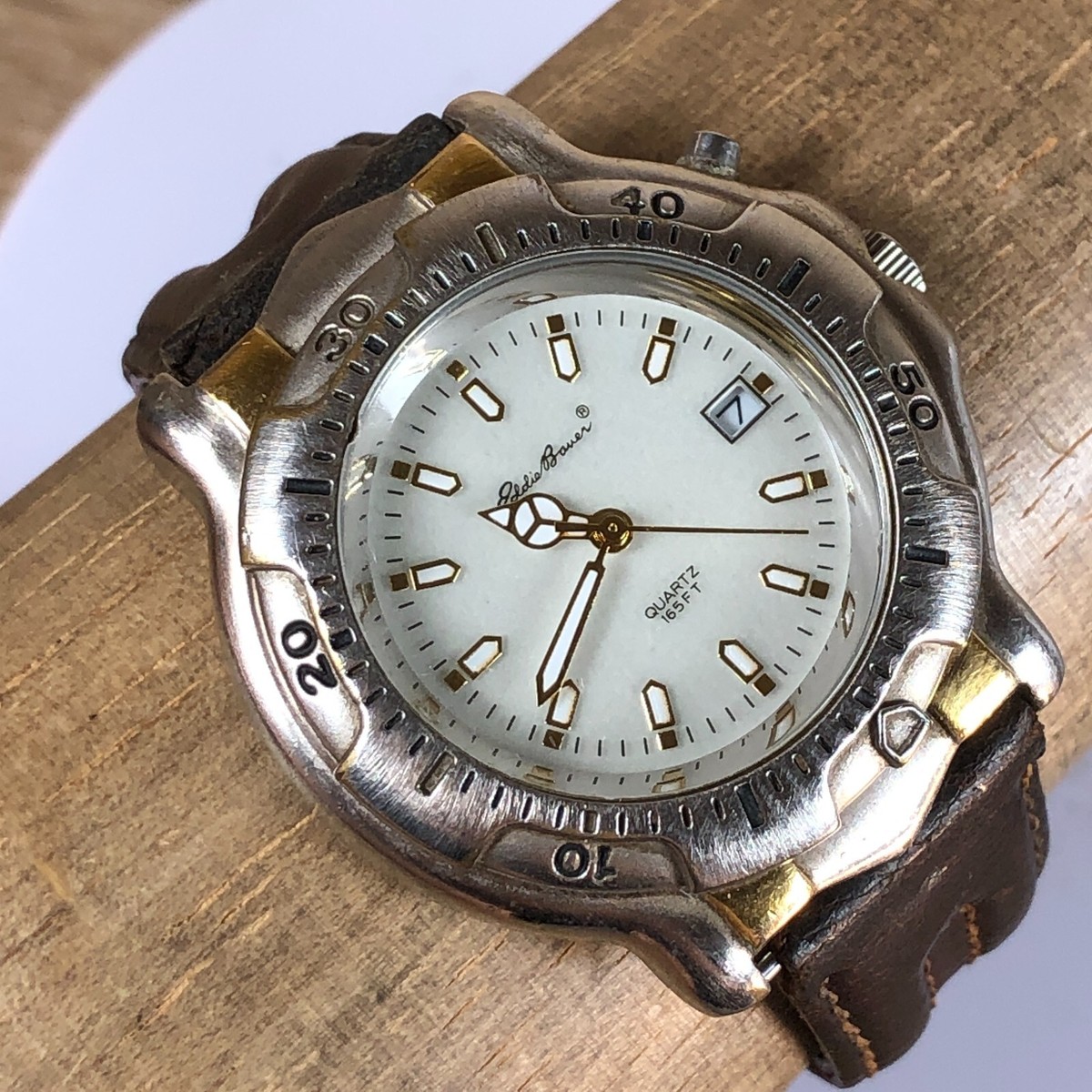 Eddie Bauer Men West Port White Dial Date Brown Leather Band 