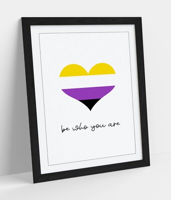 SEI WER DU BIST NICHT-BINÄRE STOLZFLAGGE HERZ - GERAHMTE WANDKUNST PAPIER DRUCK POSTER