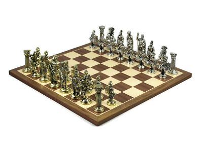Schachspiel Nussbaum & Ahorn Brett 20'' mit römischem Metallschach 3,8''