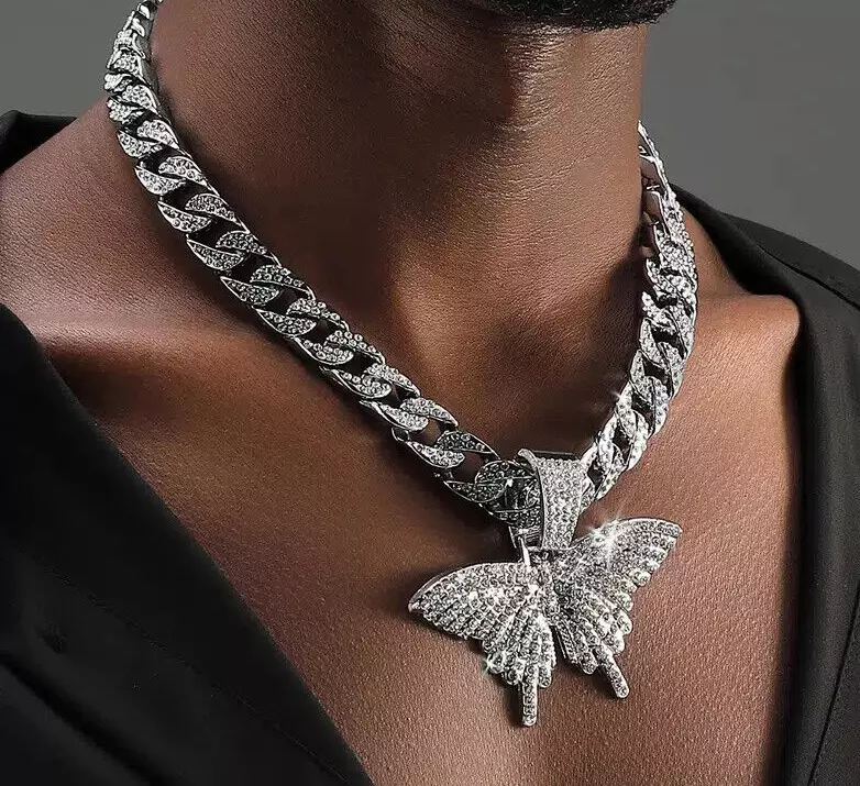 B18 6 Silver Color Clear stone Cuban Link Chain Butterfly Pendant