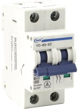 YuCo 2-Pole Miniature Circuit Breaker, Din Rail Mountable, B/C/D Curve, 1-63 Amp