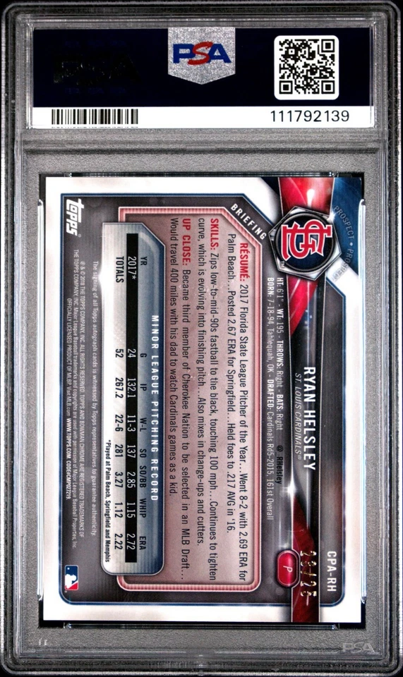 Ryan Helsley PSA 9 2018 Bowman Chrome /25 Orange Shimmer Refractor Auto Prospect - Image 2 of 2