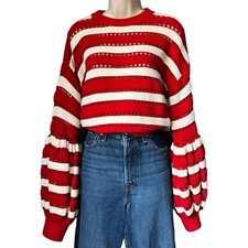 Self Portrait Chic Glam Puff Sleeve Wool Cotton Striped Open Knit Crop Jumper L