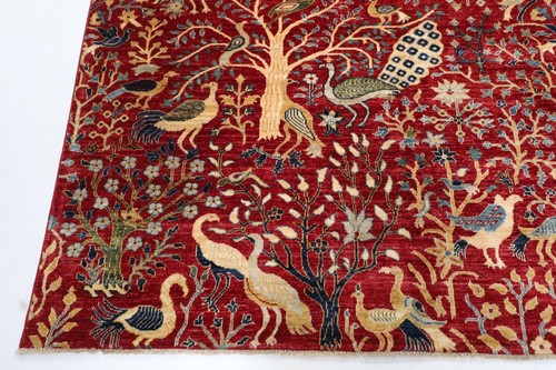 10x14 ft Birds Animal Red Area Rug Afghan Hand Knotted Wool Rug Dining Room Rug - Picture 3 of 11