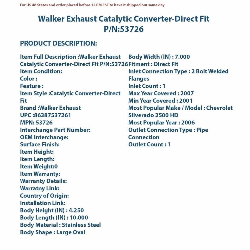Каталитический преобразователь выхлопной системы Walker прямая посадка 53726 - Изображение 4 из 4