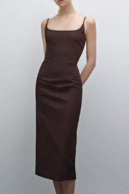 NWT Massimo Dutti Midi Dress Brown Garnet Straps Cotton Blend 6652/583 XS