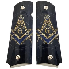 1911 Full Size Metal Grips Ambi Cut – Freemason Masonic Nickel Plated w/ Screws