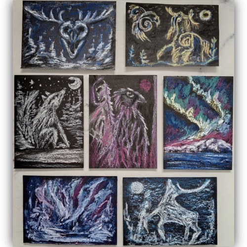 ACEO set original Northern Lights Landscape Animals Deer Wolf Moose Raven Skull