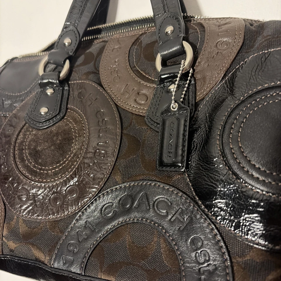Vintage Coach Ashley Pieced Patchwork Snaphead Satchel Shoulder Bag Brown Black - Image 4 of 4