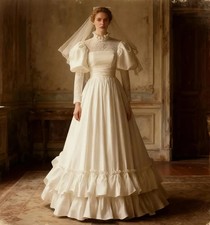 Vintage Victorian Wedding Dresses High Neck Puff Sleeves Ruffles Bridal Gowns