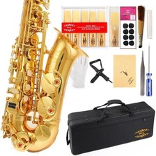 Gold Laquer E Flat Alto Saxophone Brass with Reeds, Case, Care Kit
