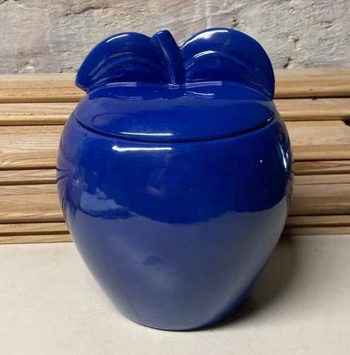 Vintage Red Wing Art Pottery Glossy Cobalt Blue APPLE Cookie Jar 8" Tall