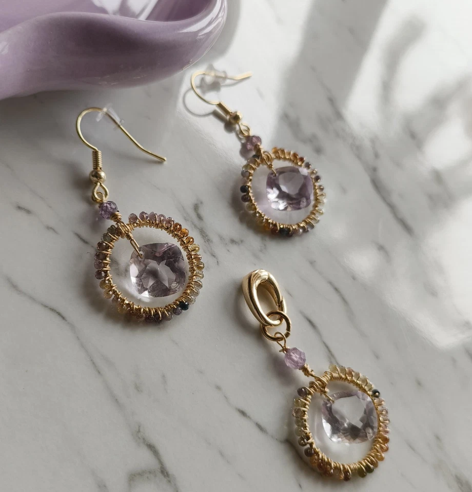 Natural Gem Pink Amethyst,  Spinel Necklace And Earrings, 14 k Gold Filled  - Image 4 of 4