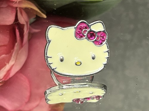 Sanrio Silver Tone Adjustable Hello Kitty Ring Size Enamel White Pink Vintage