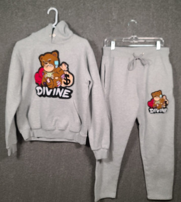 Divine Gray Unisex Sweatpants Sweatshirt  Set Size Large With Teddy Bear Patch