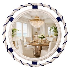 30" Round Nautical Rope Wall Mirror, Coastal White Navy Bands | Handwoven cot...