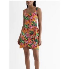 Express Orange Floral Women’s Faux Wrap Dress Vacation beach Stretch Tropical