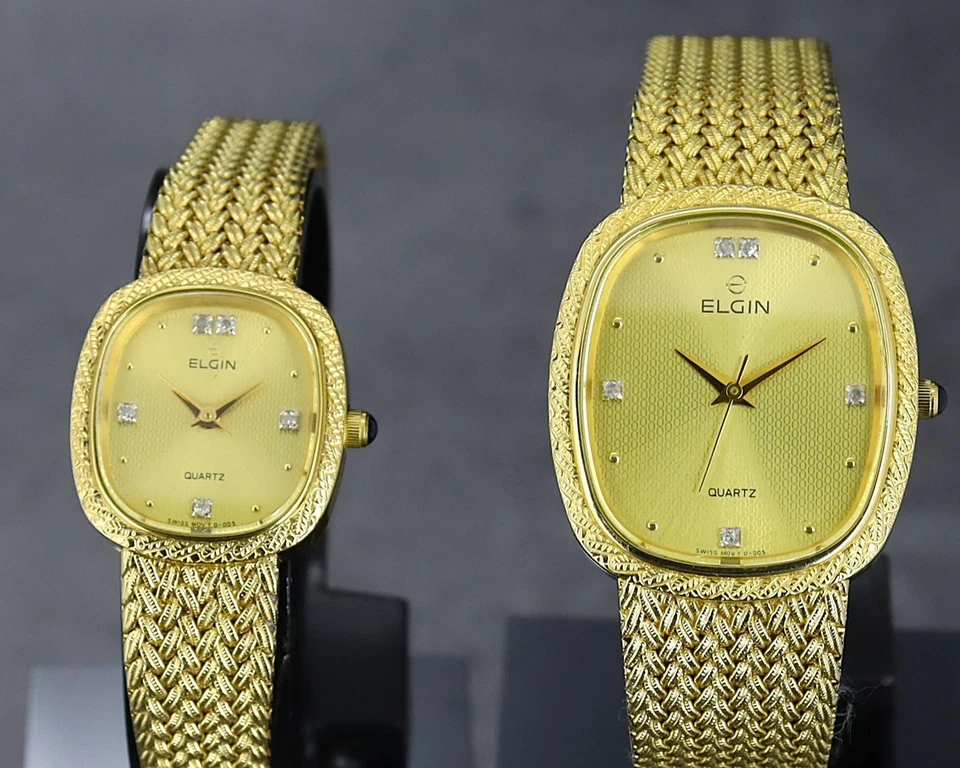 ELGIN FK276 FK277 Par de relojes de cuarzo dorado batería nueva correa ajustable de JP Foto 2 de 4