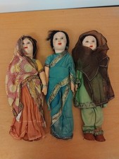 3 X Vintage Rag Rolls, Cloth Dolls Indian Traditional Dress With Tags Handmade