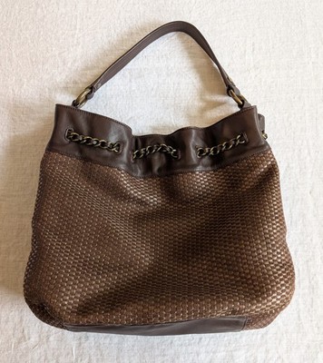 Y2K Slouchy Talbots Brown Woven Genuine Leather Shoulder Bag Chain Ring Accent