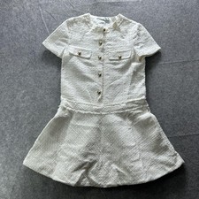 Zara Dress Womens XS White Tweed Short Sleeve Button Front Drop Waist Mini Party