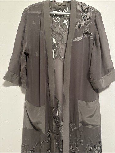 All Saints Long Kimono Embroidery Gray Duster Cut Out Sheer Silk Blend Size 4 - Picture 5 of 12