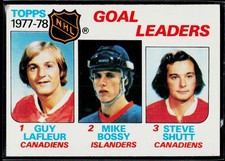 1978-79 Topps #63 1977-78 Goal Leaders (Guy Lafleur / Mike Bossy / Steve Shutt)