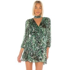 Alice + Olivia Rita Green Black Snake Print V-Neck Long Sleeve Mini Dress Sz 10