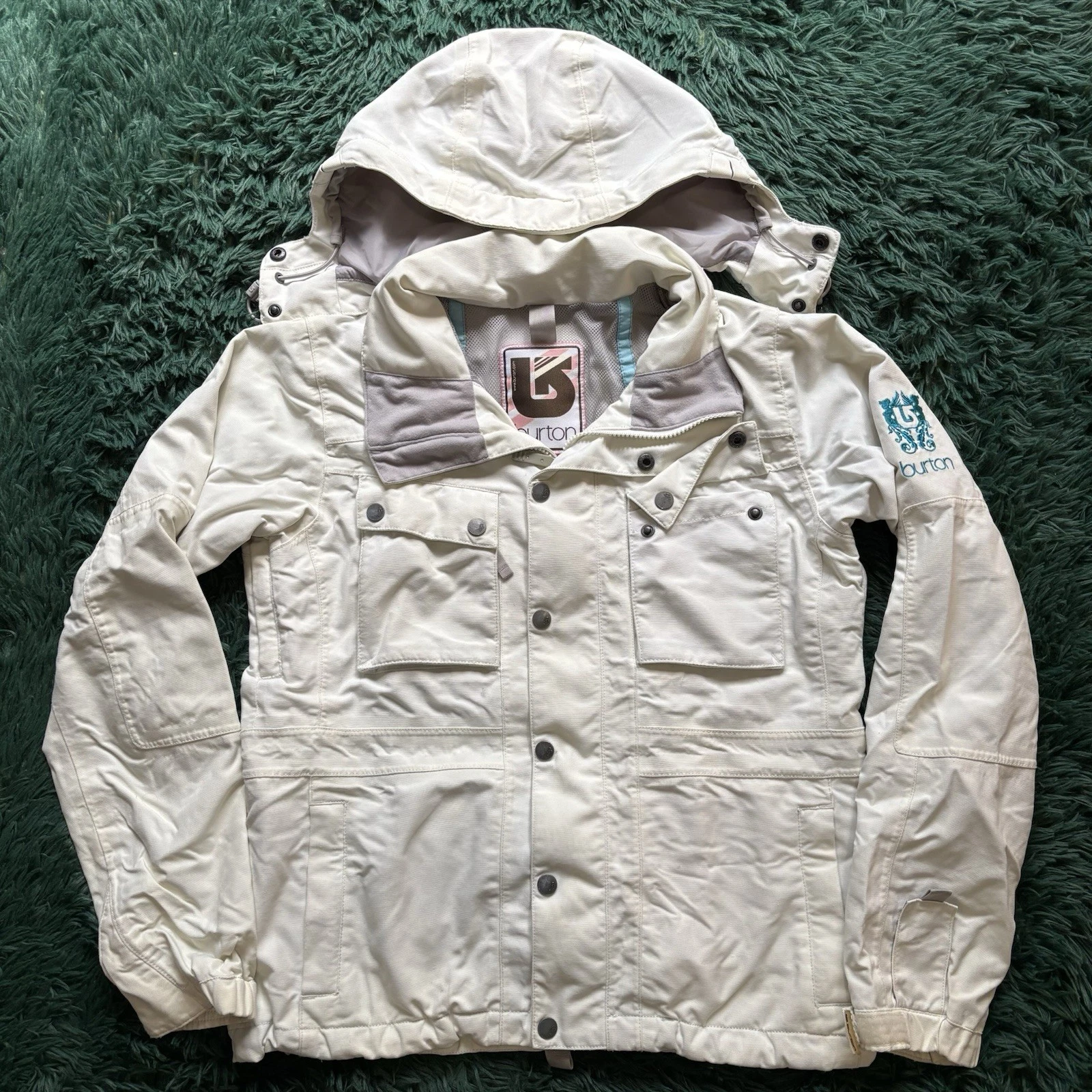 Burton Jacket Womens Small White Insulated Hooded Ski Snowboard Full Zip Winter