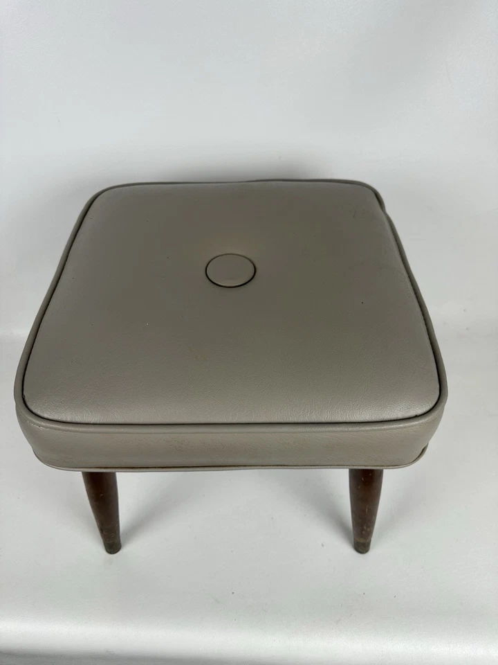 Vintage MCM Mid-Century 15" Square Footstool Ottoman Stool Vinyl Tapered Legs - Image 2 of 4