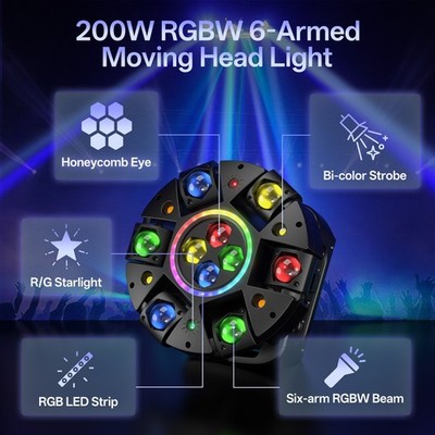 200W 4 IN 1Laser RGBW LED Moving Head Light Disco Stage Lighting Beam DMX 6-Arm