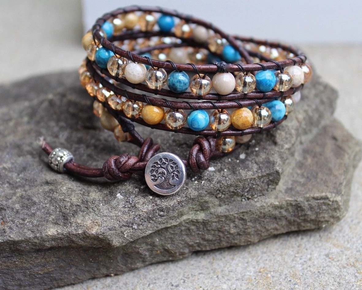 Gemstone Beaded 3X Wrap Bracelet Blue and Brown with Brown leather