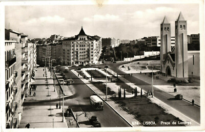 RPPC Lisboa Lisbon Portugal Praca De Landres London Square Old bus and cars 