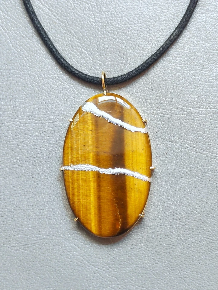 Pingente de pedra preciosa olho de tigre folha de prata Kintsugi refeito pela arte corrente folheada a ouro - Imagem 2 de 4