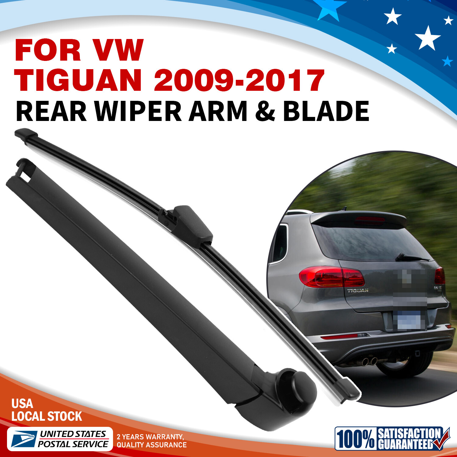 VW Tiguan 2009-2017 Black Rear Wiper Blade and Arm Replacement Set