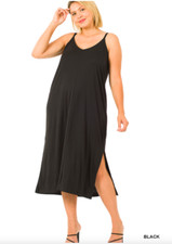 NEW Plus Size Real Modal V-Neck Black Cami Midi Dress Side Slits- XL/1X-2X-3X