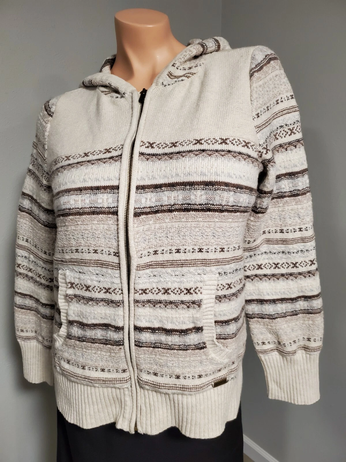 OFF WHITE Felpa con cappuccio e zip intera Eddie Bauer donna avorio marrone blu bordo pelliccia sintetica ~ taglia L