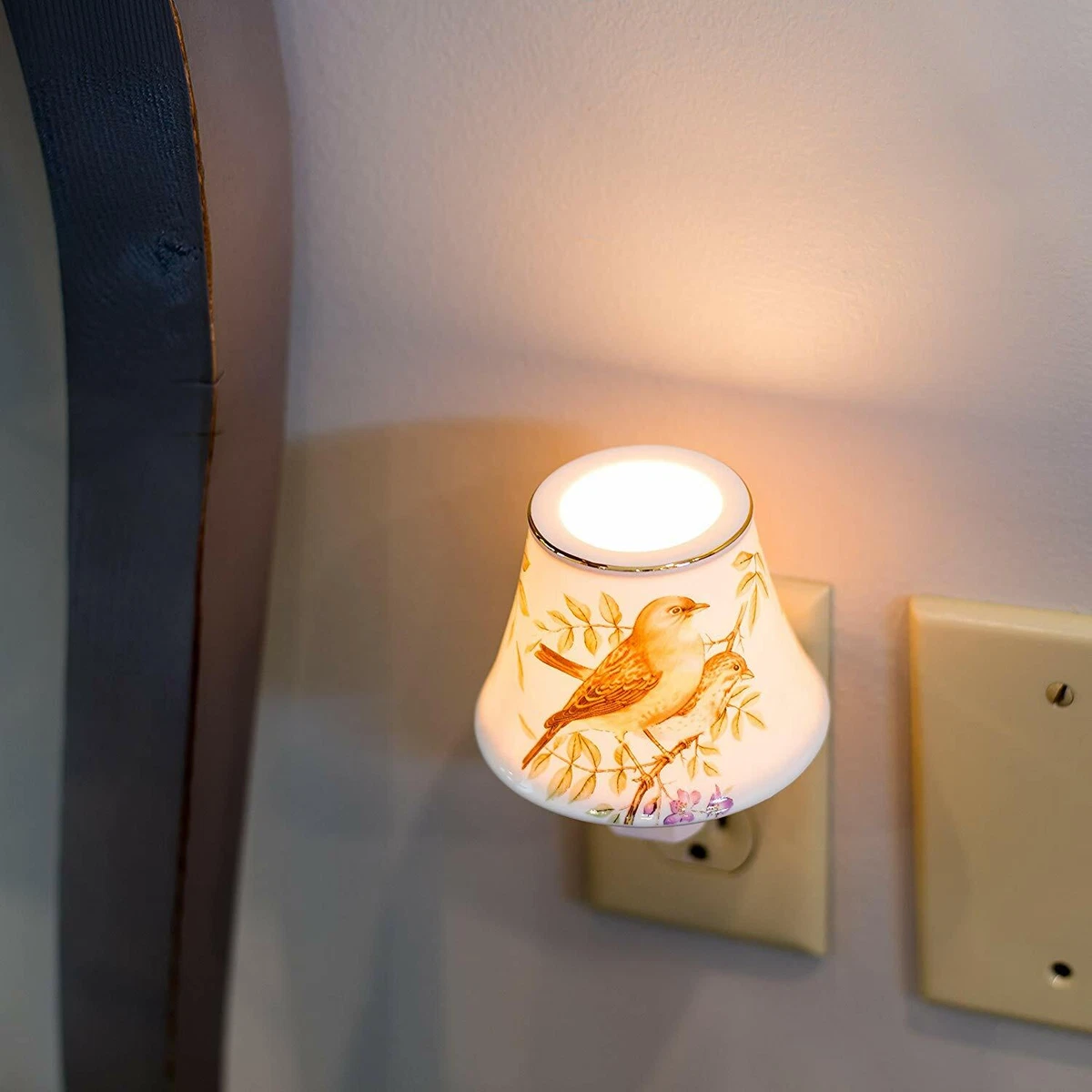 Bird on Branch Mini Lampshade 3.5x4 Porcelain Wall Plug In Night