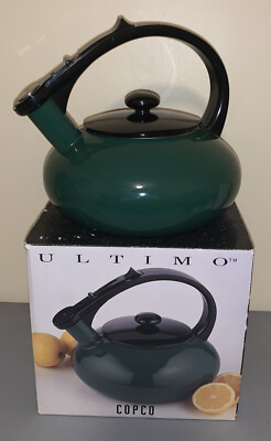 Villa Forest Green Copco Ultimo Whistling Tea Kettle Retro 1990s 2.5 quarts