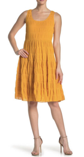 Maxstudio A Line Dress Sleeveless Scoop Neck Golden Yellow Tonal Pattern NWT L Image