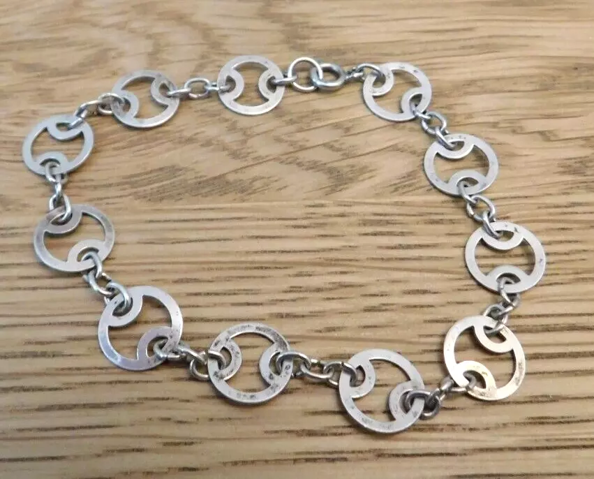 White metal bracelet circles pattern w silver clasp 18cm long