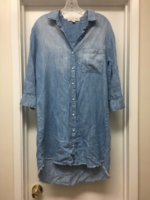 Cloth Stone Blue Chambray Denim Shirt Dress w White Paint Spatter Sz  Medium