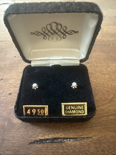 Genuine Diamond Stud Pierced Earrings Gold Tone Original Box