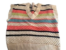 Vintage-Style Ces Femme Open-Knit Striped Sweater Vest V-Neck Small