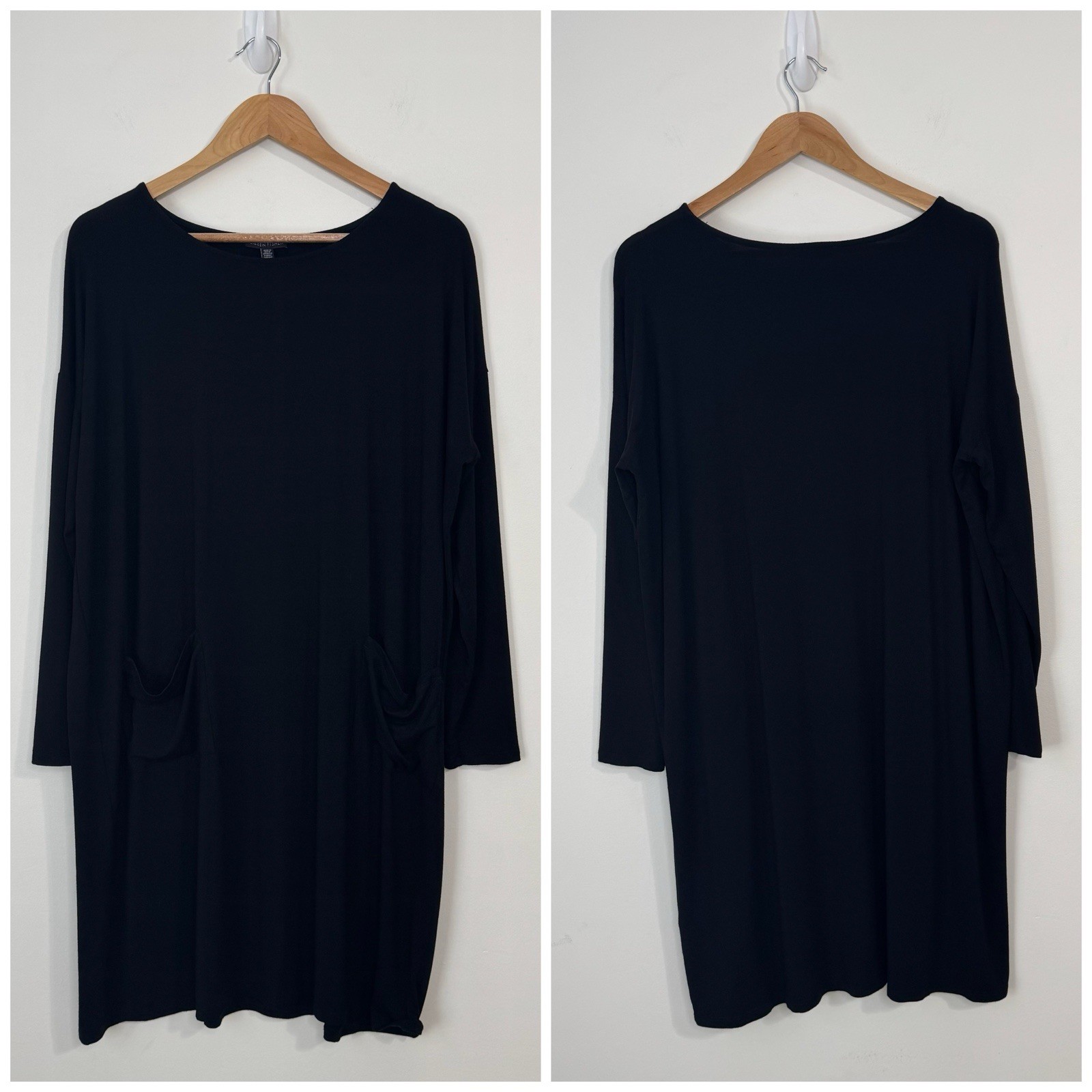 Eileen Fisher Jersey Knit Shift Dress Size L Black Long Sleeves Pockets