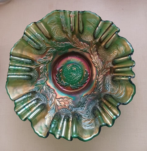 FENTON 10" TEN MUMS 3n1 EDGE GREEN BOWL