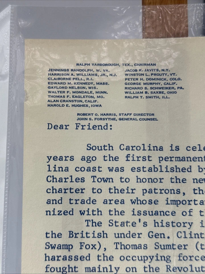 Carta Autógrafa Efímera del Senador Ralph Yarborough Tricentenario Carolina del Sur Foto 2 de 4
