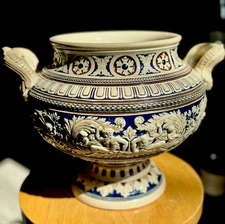 Vintage Antique Earthenware Possibly Steingut Punch Bowl w/Designs Pedestal Base