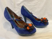 Poetic License Size 8 Blue Suede Platform Heels Leather Upper Retro Floral