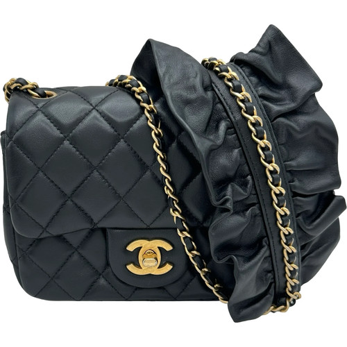 CHANEL Frill Strap Mini Flap Bag Black Lambskin Shoulder Bag #OKB7819